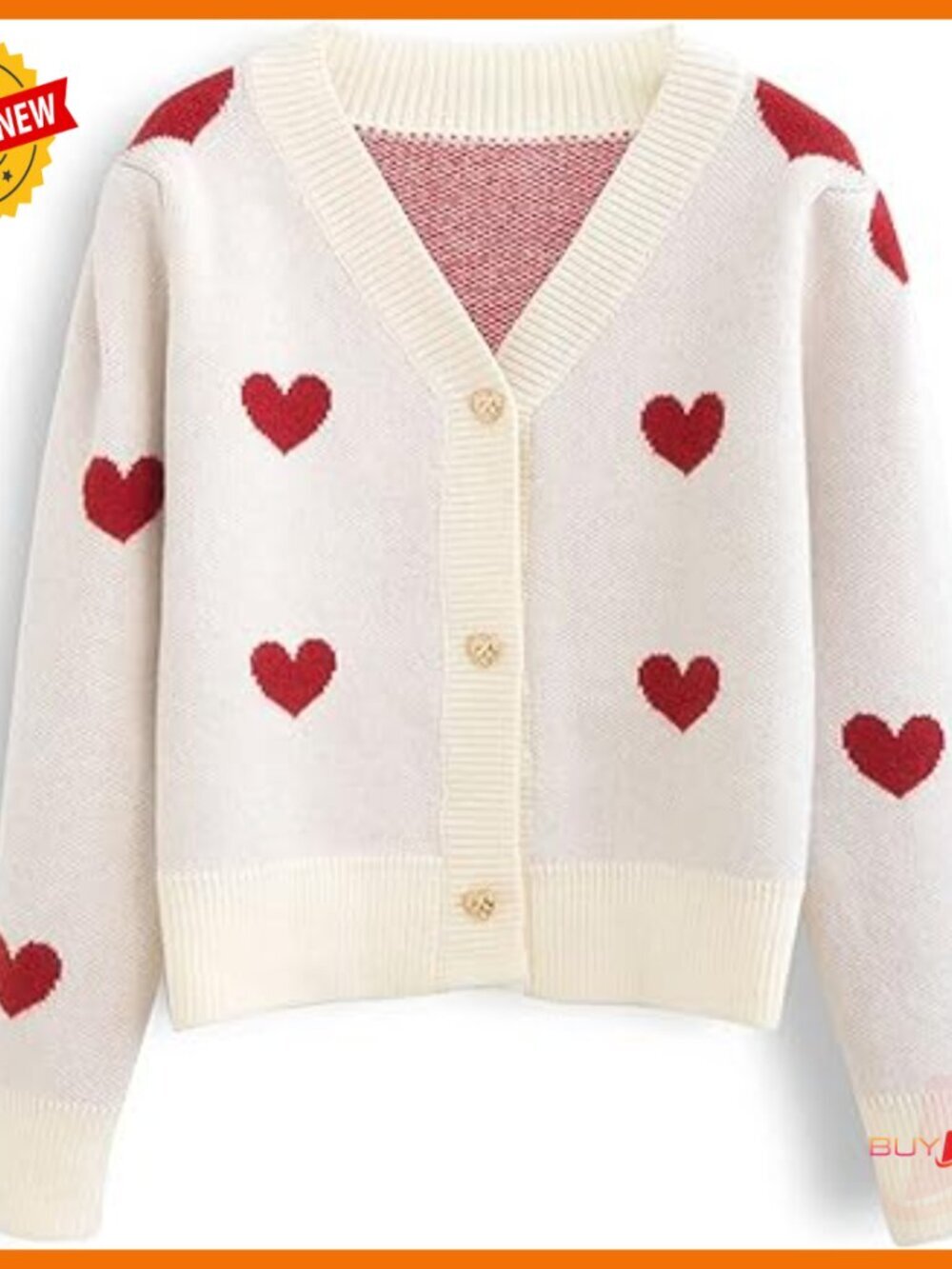 Cropped Knit Cardigan with Heart Pattern, Button Closure, Acrylic